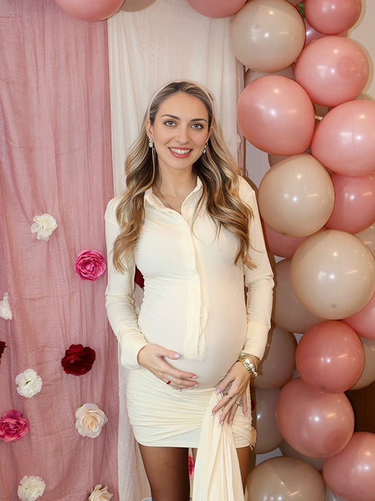 Knot Buttons Mock Neck Pregnant Woman Mini Dress