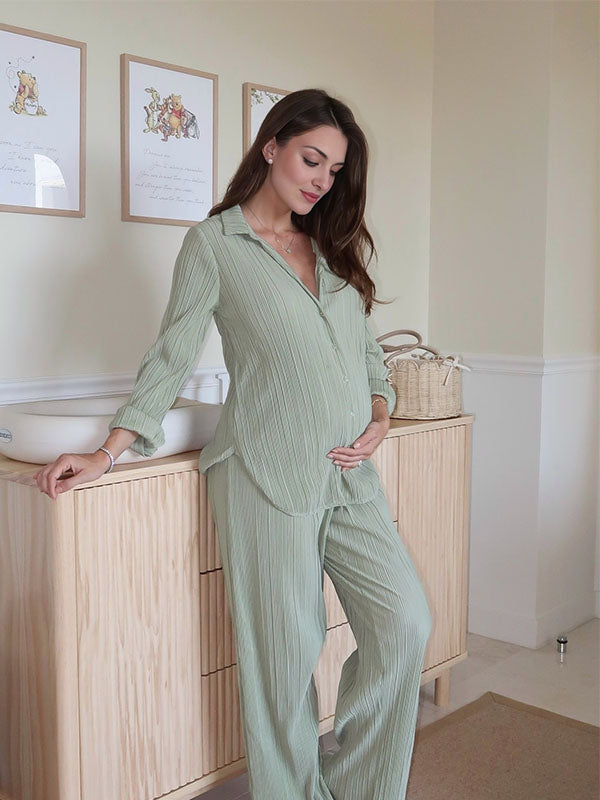 Pleated Blouse And Wide Leg Pnats Chic Maternity Two Piece Pyjama Set