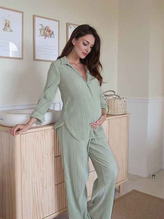 Pleated Blouse And Wide Leg Pnats Chic Maternity Two Piece Pyjama Set