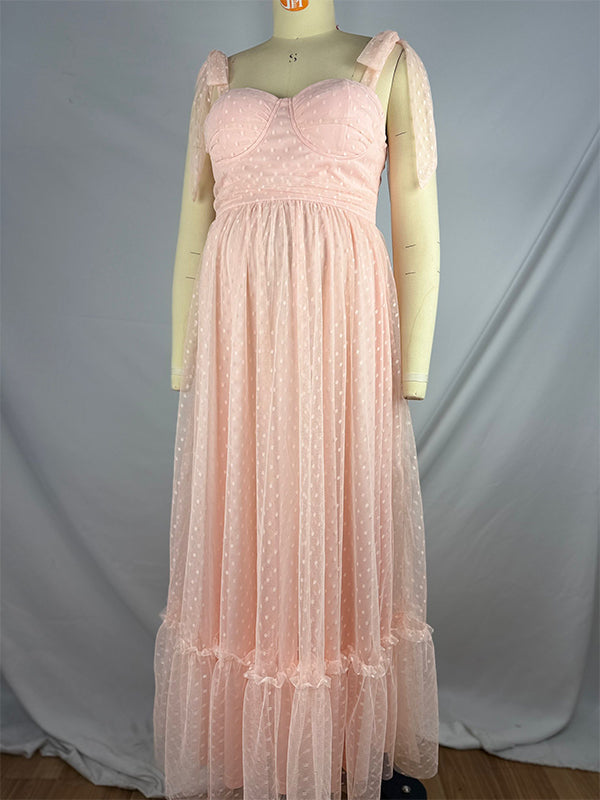 Light Pink Polka Dot Bow Ruffle Falbala Tie-Shoulder A-line Tulle Princess Maxi Dress