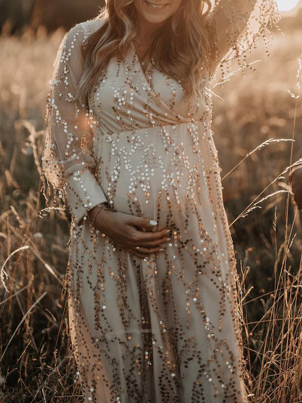 Apricot Sequin Tassel Tulle Ruched Cross Chest Multi Way Tie Back V-neck Elegant Boho Photoshoot Maternity Maxi Dress