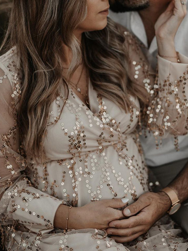 Apricot Sequin Tassel Tulle Ruched Cross Chest Multi Way Tie Back V-neck Elegant Boho Photoshoot Maternity Maxi Dress