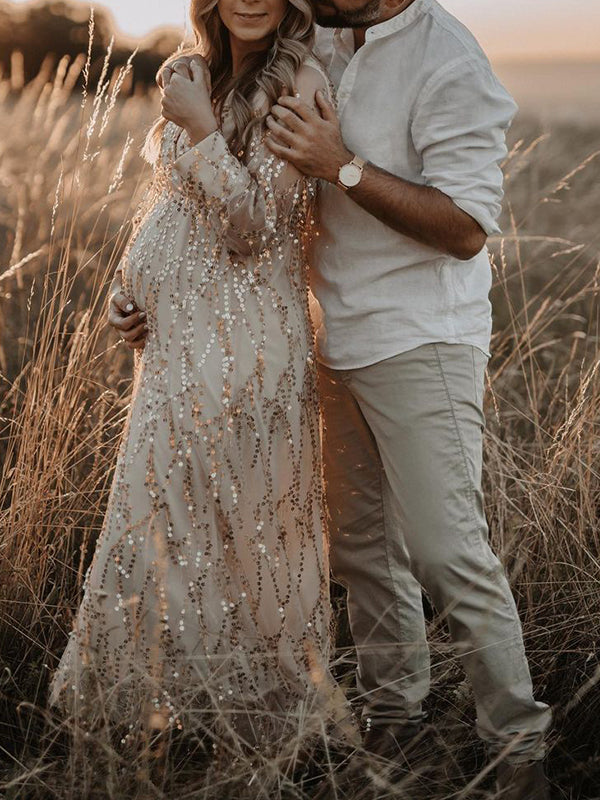 Apricot Sequin Tassel Tulle Ruched Cross Chest Multi Way Tie Back V-neck Elegant Boho Photoshoot Maternity Maxi Dress
