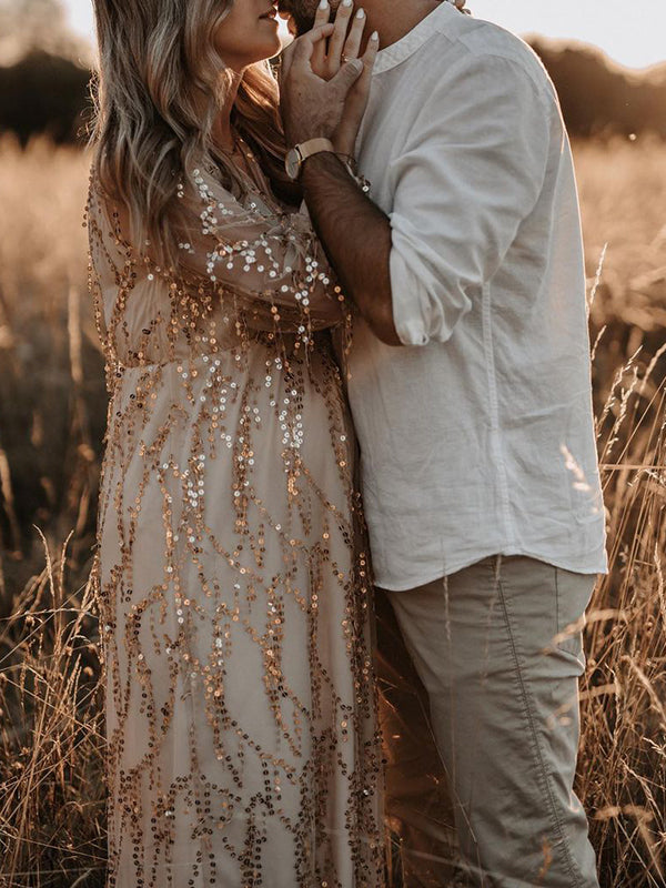 Apricot Sequin Tassel Tulle Ruched Cross Chest Multi Way Tie Back V-neck Elegant Boho Photoshoot Maternity Maxi Dress