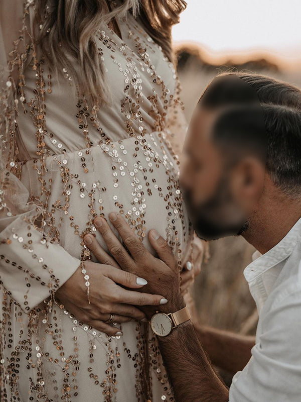 Apricot Sequin Tassel Tulle Ruched Cross Chest Multi Way Tie Back V-neck Elegant Boho Photoshoot Maternity Maxi Dress