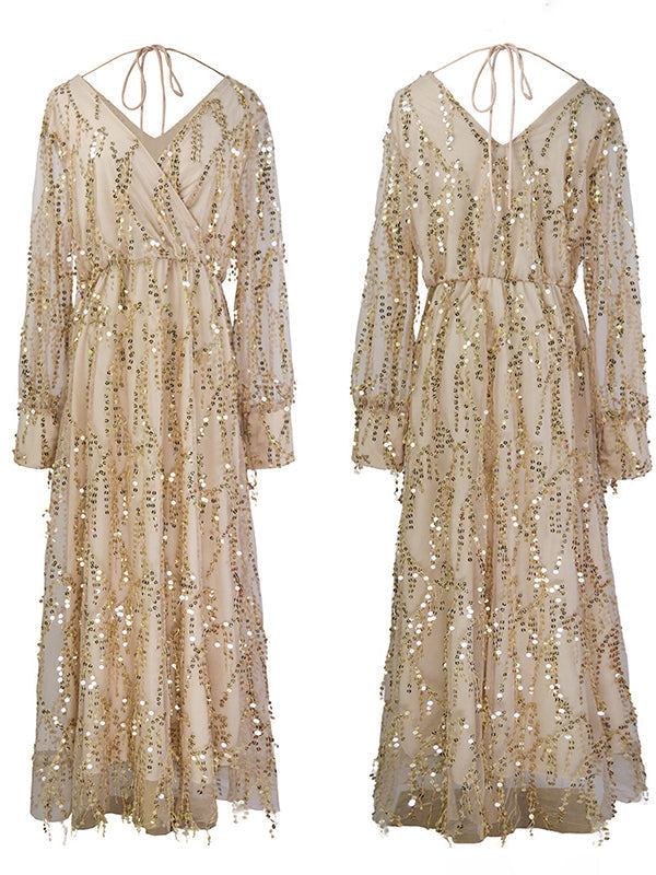 Apricot Sequin Tassel Tulle Ruched Cross Chest Multi Way Tie Back V-neck Elegant Boho Photoshoot Maternity Maxi Dress