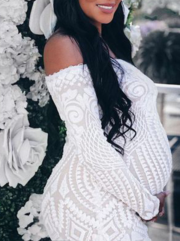 White Lace Sequin Off Shoulder Mermaid Bodycon Wedding Gown Baby Shower Elegant Foamal Maternity Photoshoot Maxi Dress