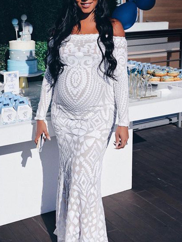 White Lace Sequin Off Shoulder Mermaid Bodycon Wedding Gown Baby Shower Elegant Foamal Maternity Photoshoot Maxi Dress