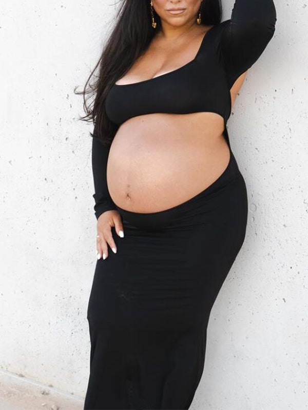 Black Cut Out Mermaid Crop Long Sleeve Backless Bodycon Cocktail Club Party Photoshoot Maternity Maxi Dress