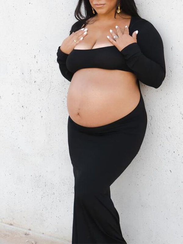 Black Cut Out Mermaid Crop Long Sleeve Backless Bodycon Cocktail Club Party Photoshoot Maternity Maxi Dress