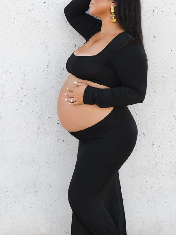 Black Cut Out Mermaid Crop Long Sleeve Backless Bodycon Cocktail Club Party Photoshoot Maternity Maxi Dress