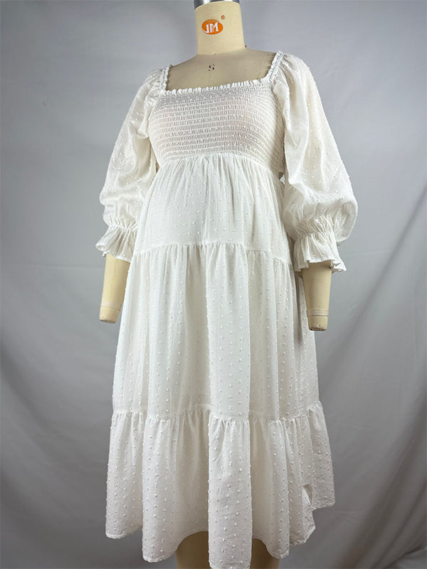 White Off Shoulder Ruffle Shirred Boat Neck Puff Sleeve Bow Bohemian Maternity Photoshoot Dress