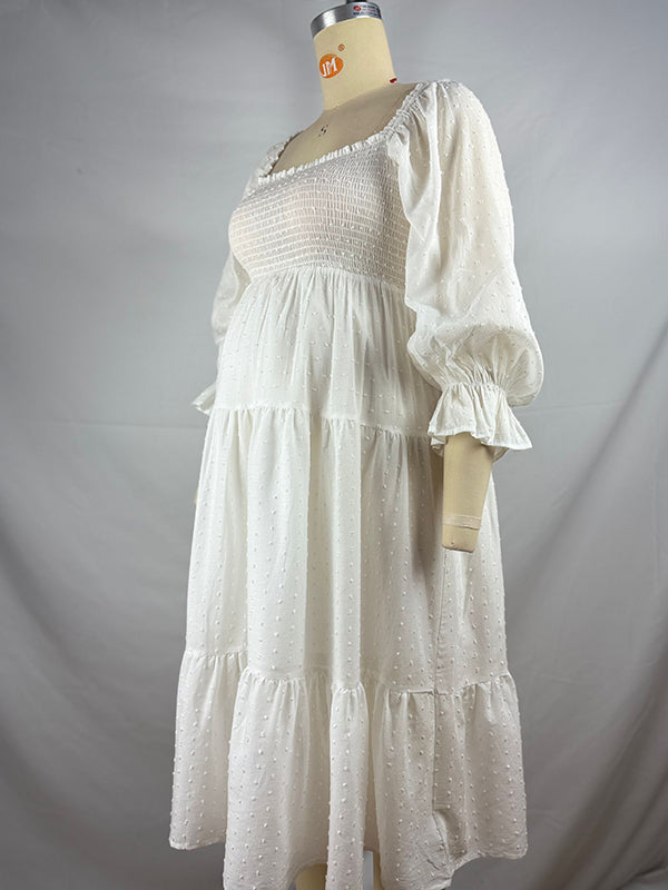 White Off Shoulder Ruffle Shirred Boat Neck Puff Sleeve Bow Bohemian Maternity Photoshoot Dress