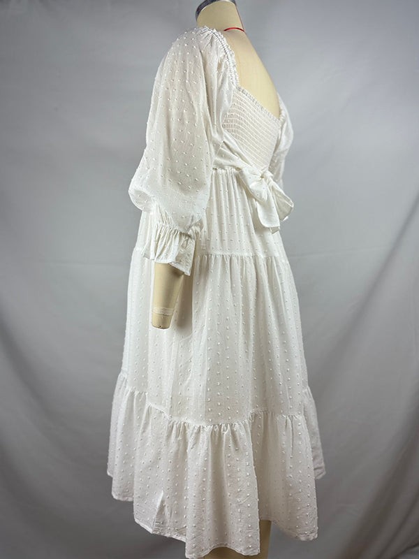 White Off Shoulder Ruffle Shirred Boat Neck Puff Sleeve Bow Bohemian Maternity Photoshoot Dress