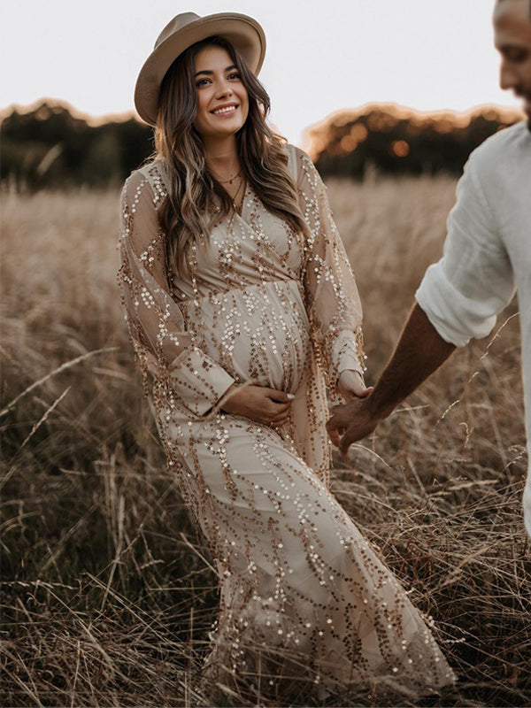 Apricot Sequin Tassel Tulle Ruched Cross Chest Multi Way Tie Back V-neck Elegant Boho Photoshoot Maternity Maxi Dress