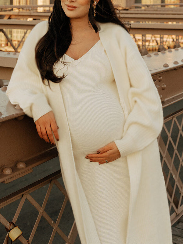 White Knit  V-Neck Bodycon Two Pieces Cardigan Elegant Maternity Maxi Sweater Dress