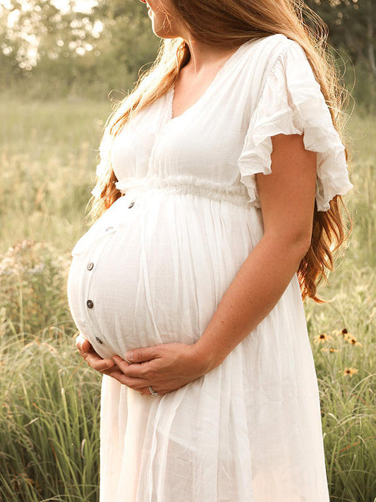 White Deep V Neck Button Down Boho Beach Bikini Cover Up Dress Party Photoshoot Maternity Dress
