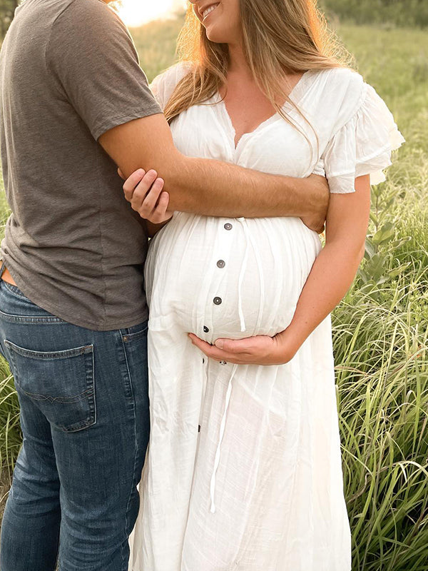 White Deep V Neck Button Down Boho Beach Bikini Cover Up Dress Party Photoshoot Maternity Dress