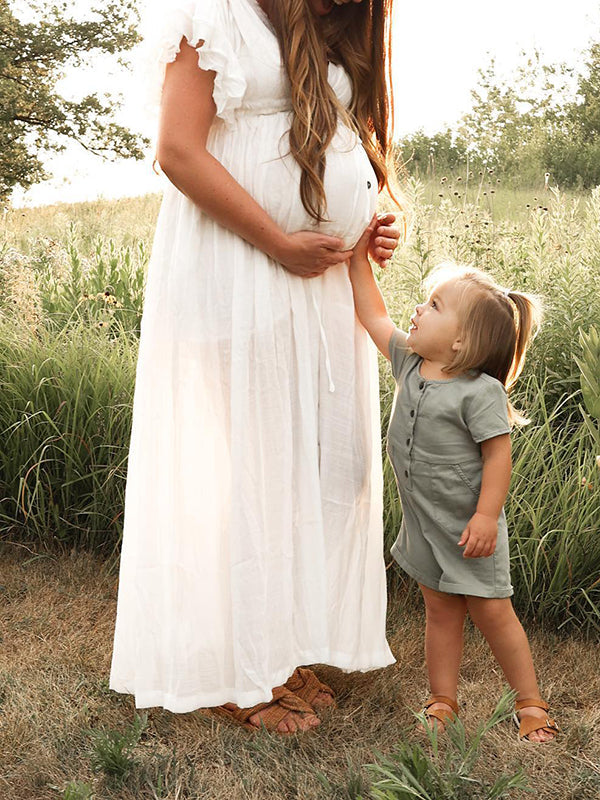 White Deep V Neck Button Down Boho Beach Bikini Cover Up Dress Party Photoshoot Maternity Dress