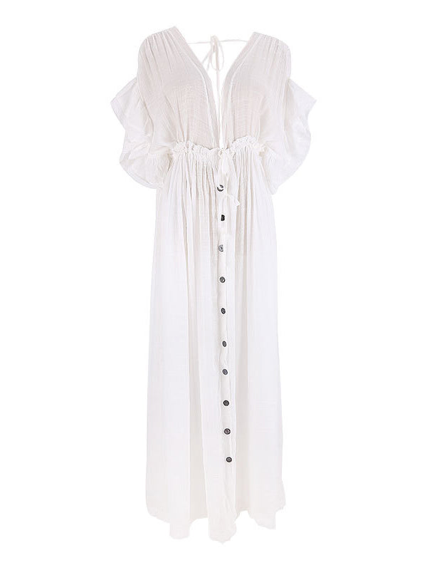 White Deep V Neck Button Down Boho Beach Bikini Cover Up Dress Party Photoshoot Maternity Dress