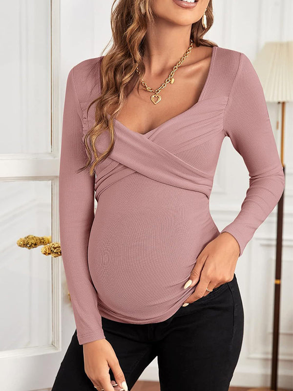 Solid Color Chest Cross V-Neck Long Sleeve Nursing Top Maternity Top