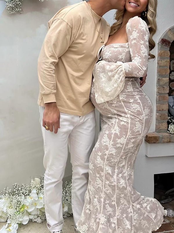 White Lace Corset Off Shoulder Bodycon Elegant Maternity Photoshoot Maxi Dress