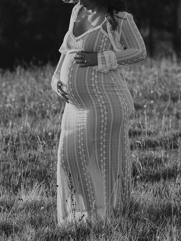 Ivory Lace Two Piece Set Side Slit V-neck Cami Maxi Dress And Crop Cardigan Elegant Going Out Maternity Photoshoot Baby Shower Maxi Dress