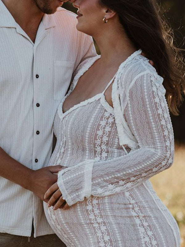 Ivory Lace Two Piece Set Side Slit V-neck Cami Maxi Dress And Crop Cardigan Elegant Going Out Maternity Photoshoot Baby Shower Maxi Dress
