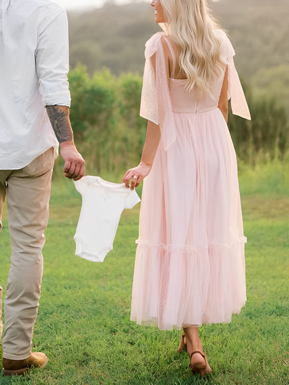 Light Pink Polka Dot Bow Ruffle Falbala Tie-Shoulder A-line Tulle Princess Maxi Dress