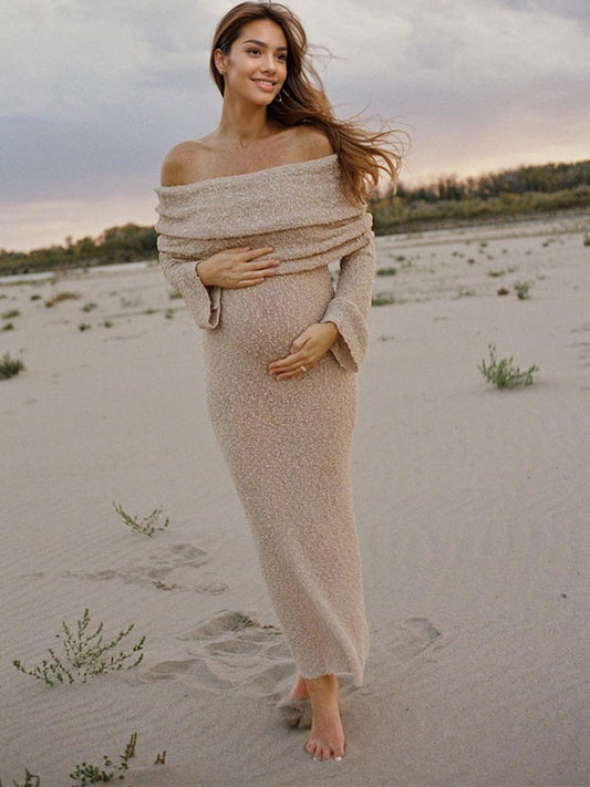 Off Shoulder Hollow Out Knitwear Bodycon Beach Vacation Dress Baby Shower Maternity Maxi Dress