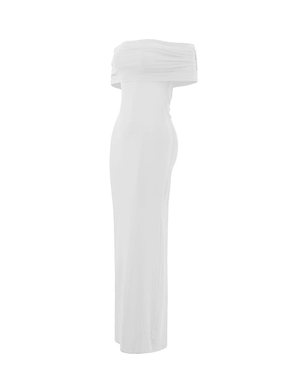 White Ruched Off Shoulder Backless Elegant Maternity Baby Shower Maxi Dress