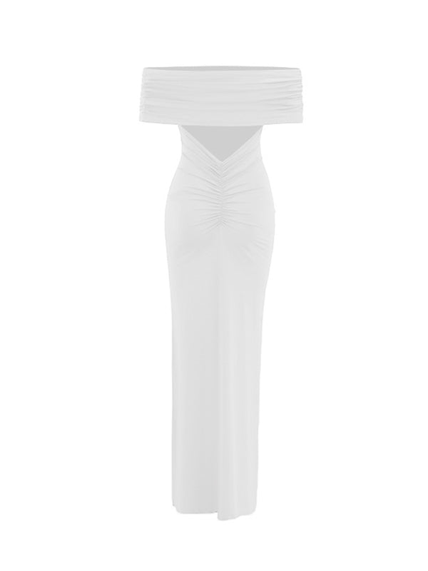 White Ruched Off Shoulder Backless Elegant Maternity Baby Shower Maxi Dress