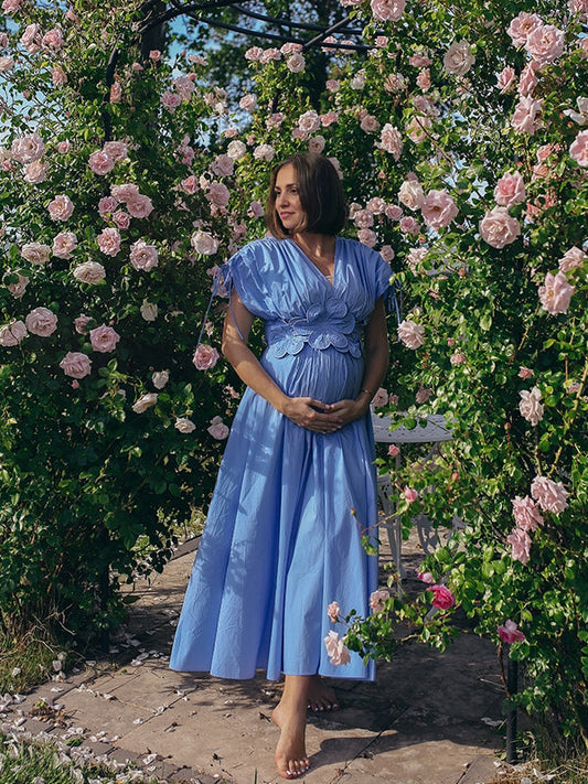 Blue 3D Flowers Fleated Drawstring Big Swing Deep V-neck Elegant Holiday Vacation Maternity Photoshoot Baby Shower Maxi Dress