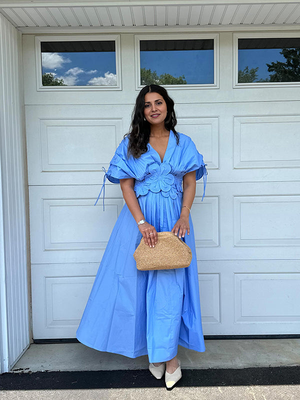 Blue 3D Flowers Fleated Drawstring Big Swing Deep V-neck Elegant Holiday Vacation Maternity Photoshoot Baby Shower Maxi Dress