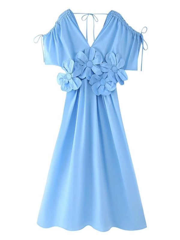 Blue 3D Flowers Fleated Drawstring Big Swing Deep V-neck Elegant Holiday Vacation Maternity Photoshoot Baby Shower Maxi Dress
