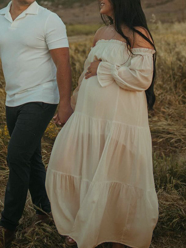 Flowy Off Shoulder Ruffle Falbala Side Slit Big Swing Lantern Sleeve Elegant Holiday Vacation Boho Maternity Photoshoot Baby Shower Maxi Dress