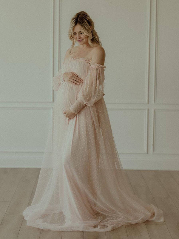 White Off Shoulder Elegant Tulle Photoshoot  Maternity Maxi Dress
