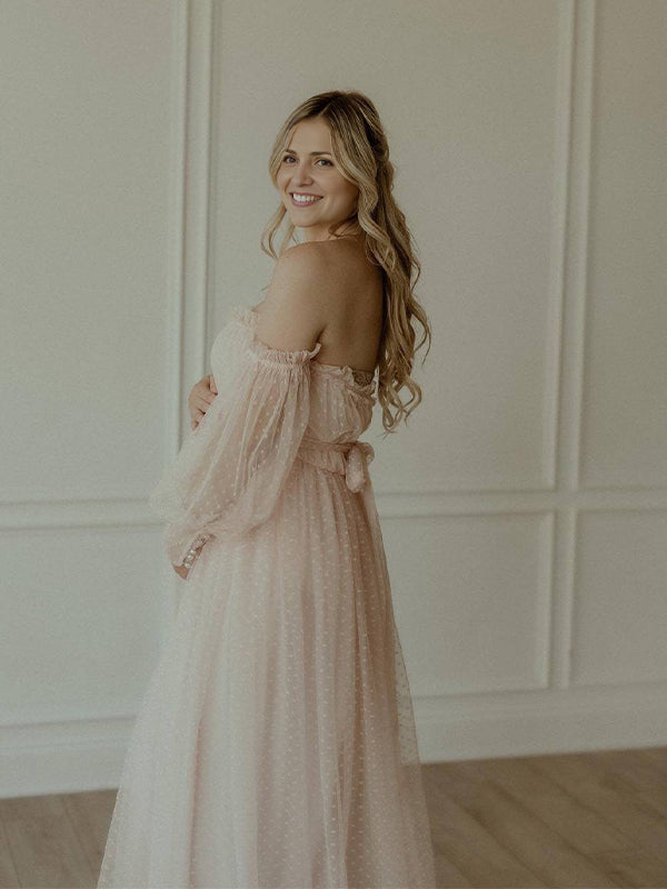 White Off Shoulder Elegant Tulle Photoshoot  Maternity Maxi Dress
