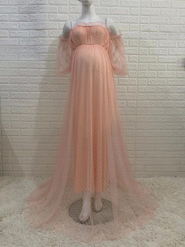 White Off Shoulder Elegant Tulle Photoshoot  Maternity Maxi Dress