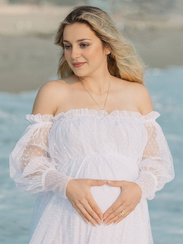 White Off Shoulder Elegant Tulle Photoshoot  Maternity Maxi Dress