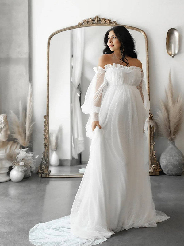 White Off Shoulder Elegant Tulle Photoshoot  Maternity Maxi Dress
