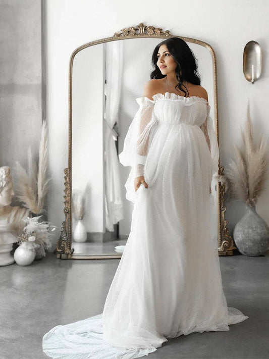 White Off Shoulder Elegant Tulle Photoshoot  Maternity Maxi Dress