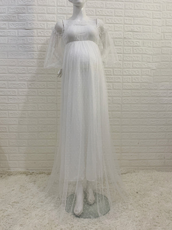 White Off Shoulder Elegant Tulle Photoshoot  Maternity Maxi Dress