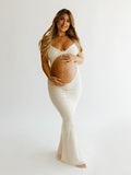 White Spaghetti Strap Backless Ruffle Crop Bodycon Photoshoot Maternity Maxi Dress