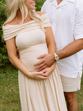 Apricot Off Shoulder Ruched Elegant Maternity Baby Shower Maxi Dress