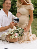 Apricot Off Shoulder Ruched Elegant Maternity Baby Shower Maxi Dress