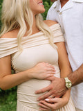 Apricot Off Shoulder Ruched Elegant Maternity Baby Shower Maxi Dress
