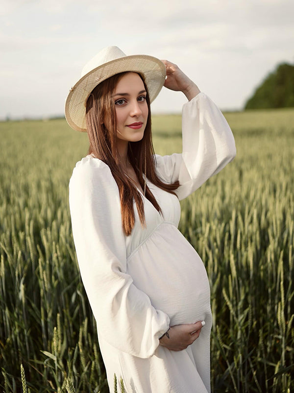 White V-neck Flowy Boho Maternity Photoshoot  Maxi Dress