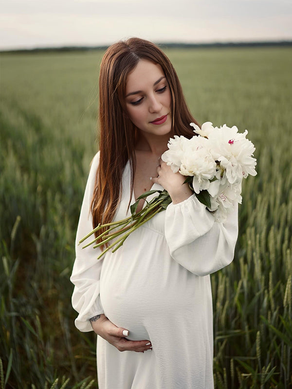 White V-neck Flowy Boho Maternity Photoshoot  Maxi Dress