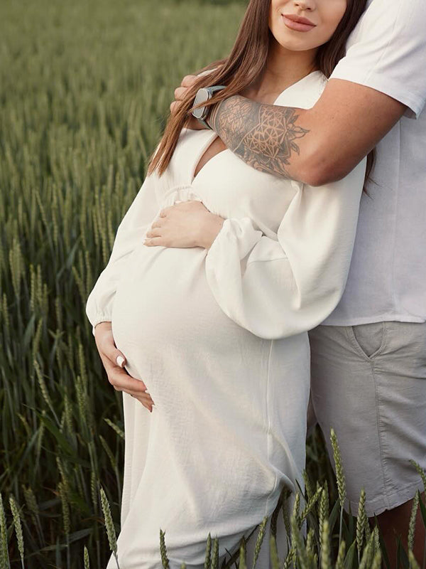 White V-neck Flowy Boho Maternity Photoshoot  Maxi Dress